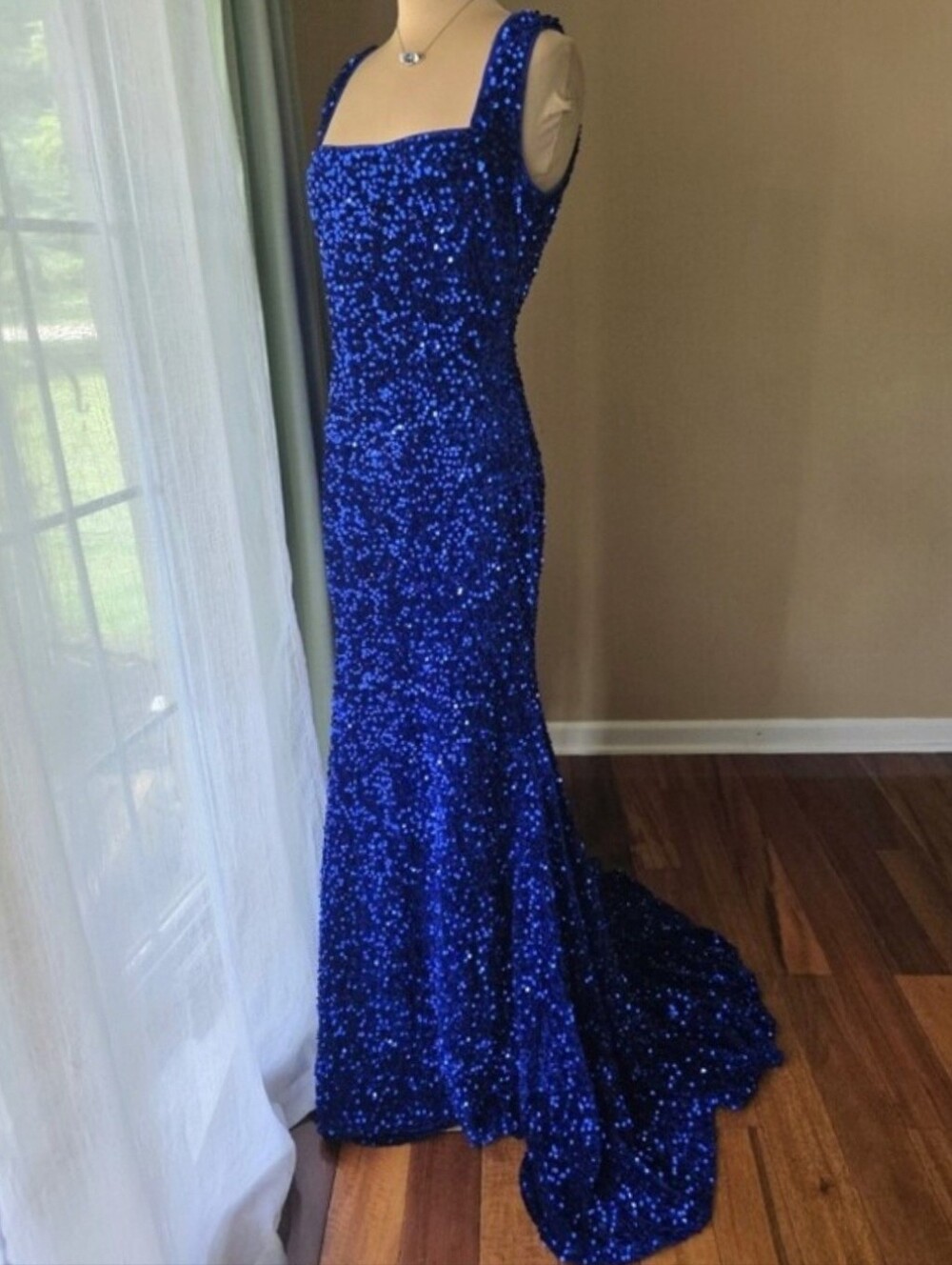 Royal Blue Velvet Sequin Mermaid Gown Long Train Formal Prom Dress Size Large